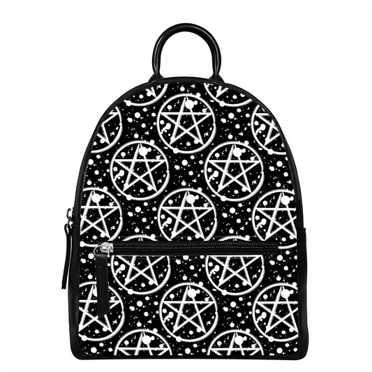 Black And White Wicca Pentagram Print Leather Backpack