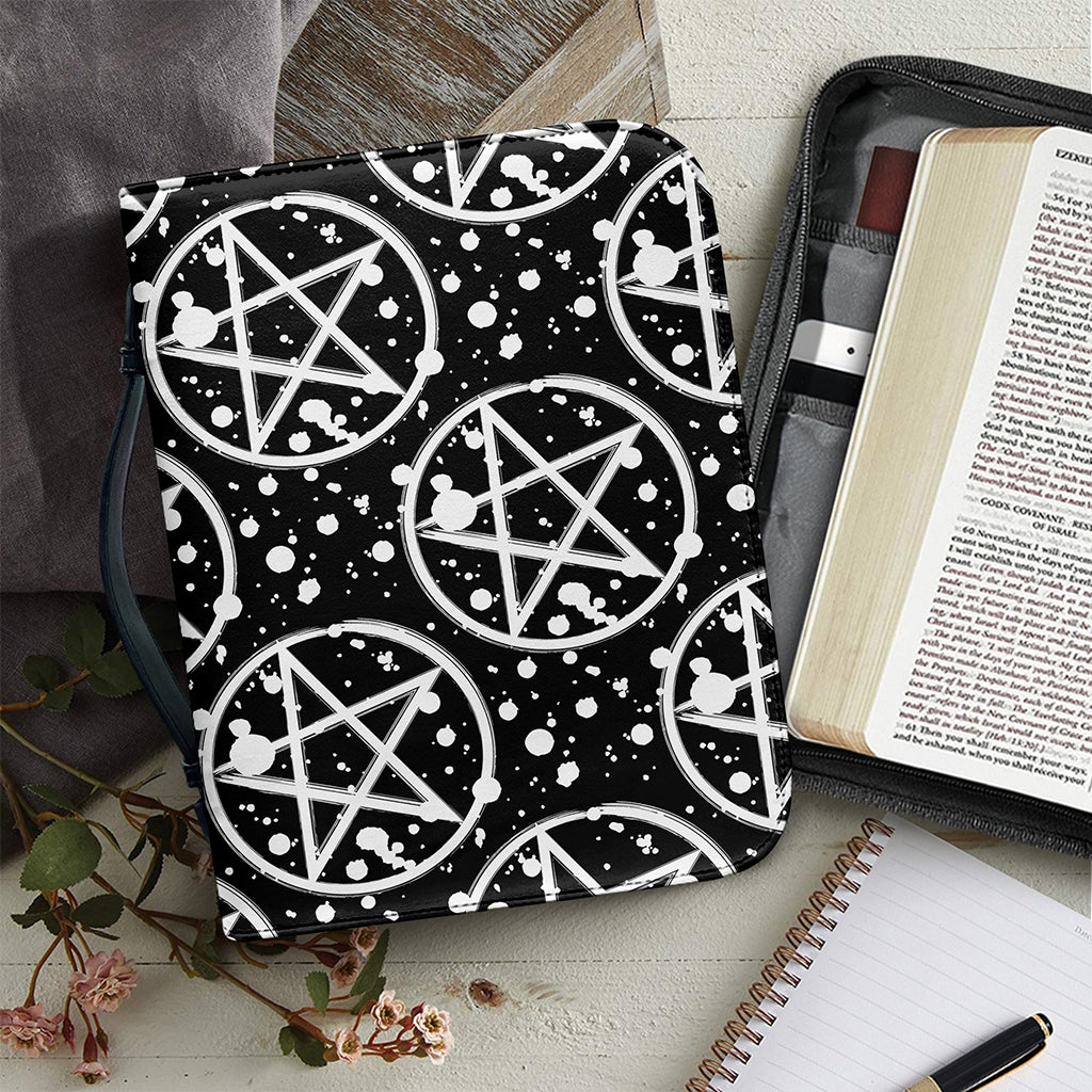 Black And White Wicca Pentagram Print Leather Bible Cover