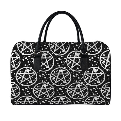 Black And White Wicca Pentagram Print Leather Duffle Bag