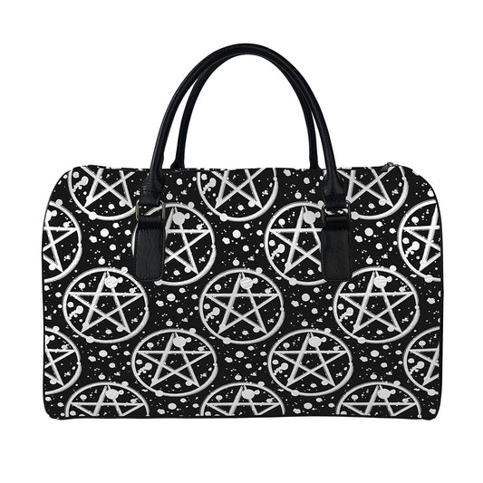 Black And White Wicca Pentagram Print Leather Duffle Bag