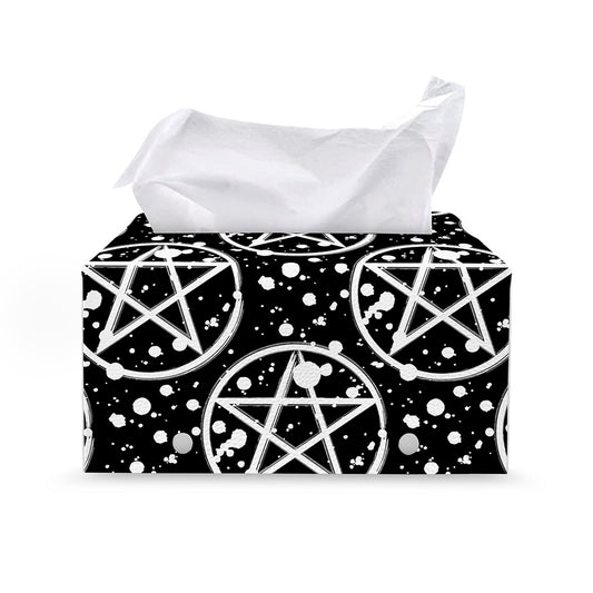 Black And White Wicca Pentagram Print Leather Tissue Box Cover