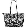 Black And White Wicca Pentagram Print Leather Tote Bag With Zipper