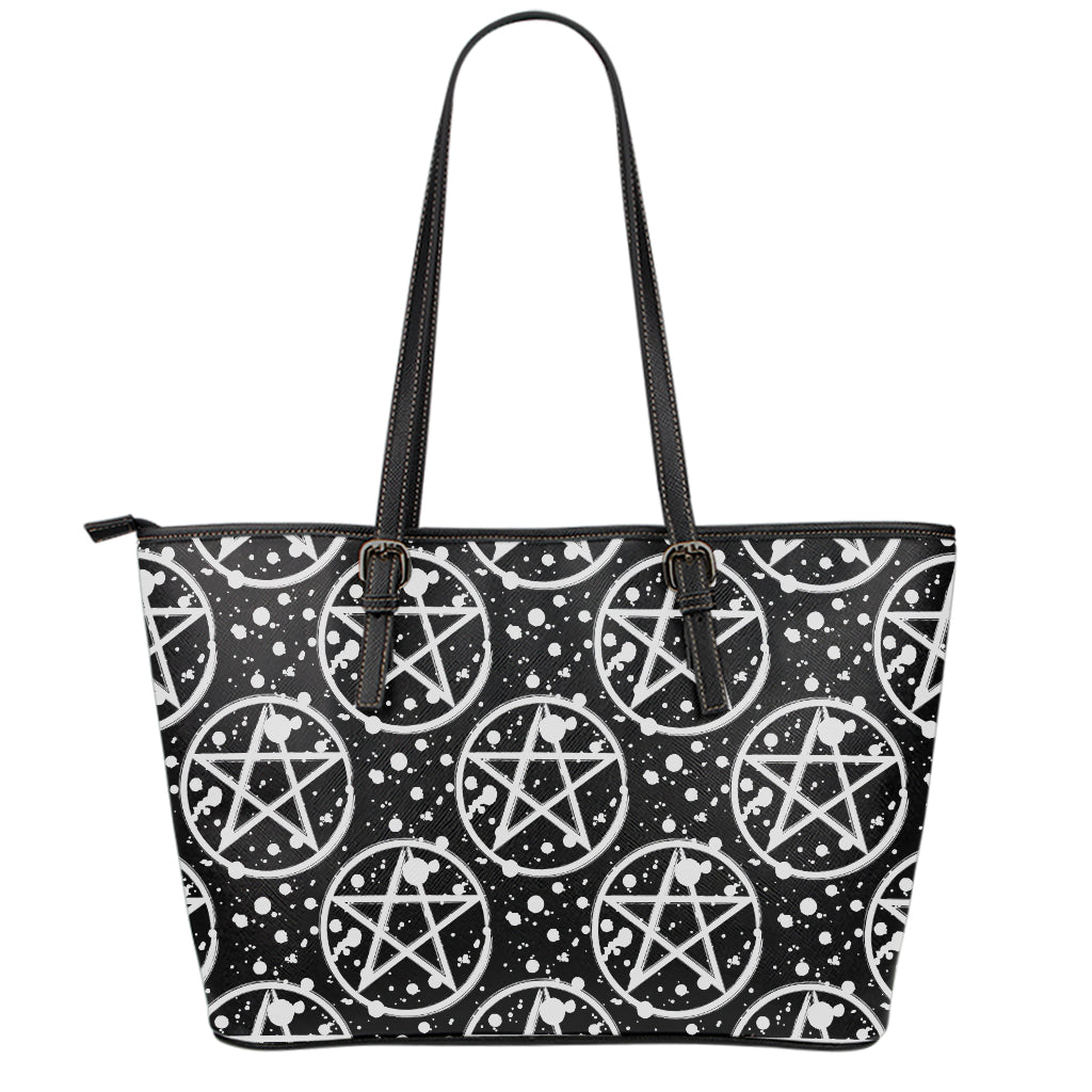 Black And White Wicca Pentagram Print Leather Tote Bag