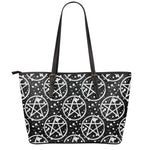 Black And White Wicca Pentagram Print Leather Tote Bag