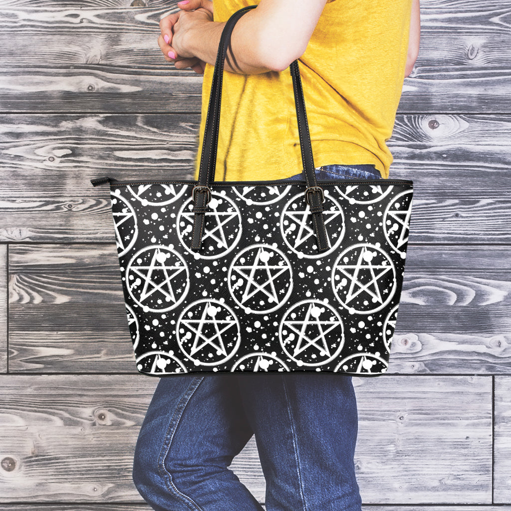 Black And White Wicca Pentagram Print Leather Tote Bag