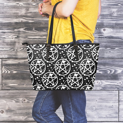 Black And White Wicca Pentagram Print Leather Tote Bag