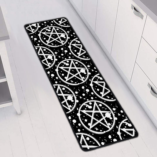 Black And White Wicca Pentagram Print Long Kitchen Mat
