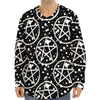 Black And White Wicca Pentagram Print Long Sleeve Baseball Jersey