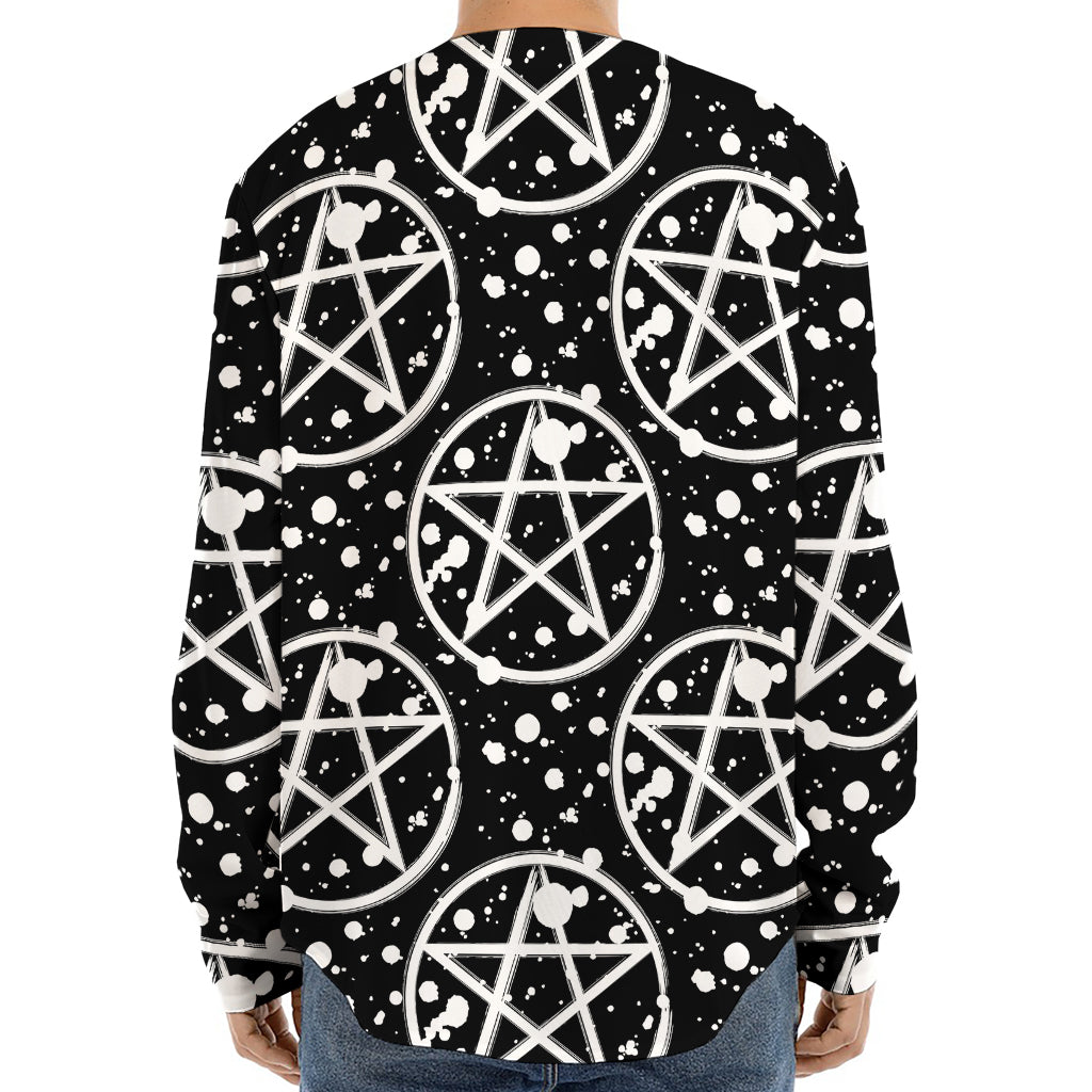 Black And White Wicca Pentagram Print Long Sleeve Baseball Jersey