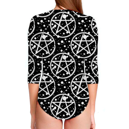 Black And White Wicca Pentagram Print Long Sleeve Swimsuit