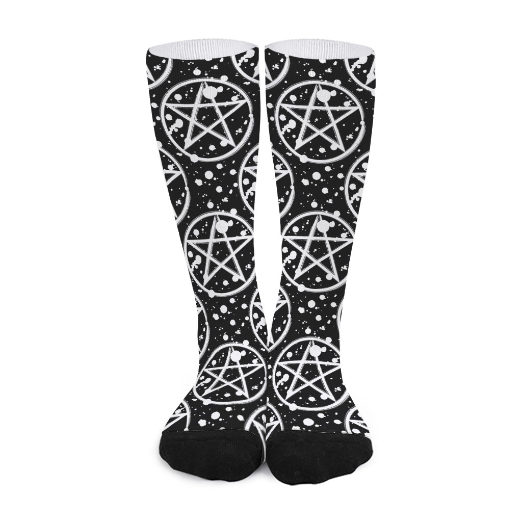 Black And White Wicca Pentagram Print Long Socks