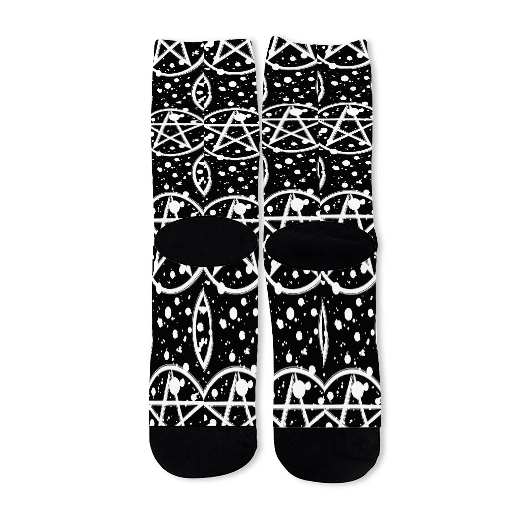 Black And White Wicca Pentagram Print Long Socks