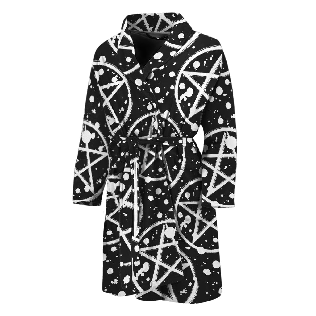 Black And White Wicca Pentagram Print Men's Bathrobe