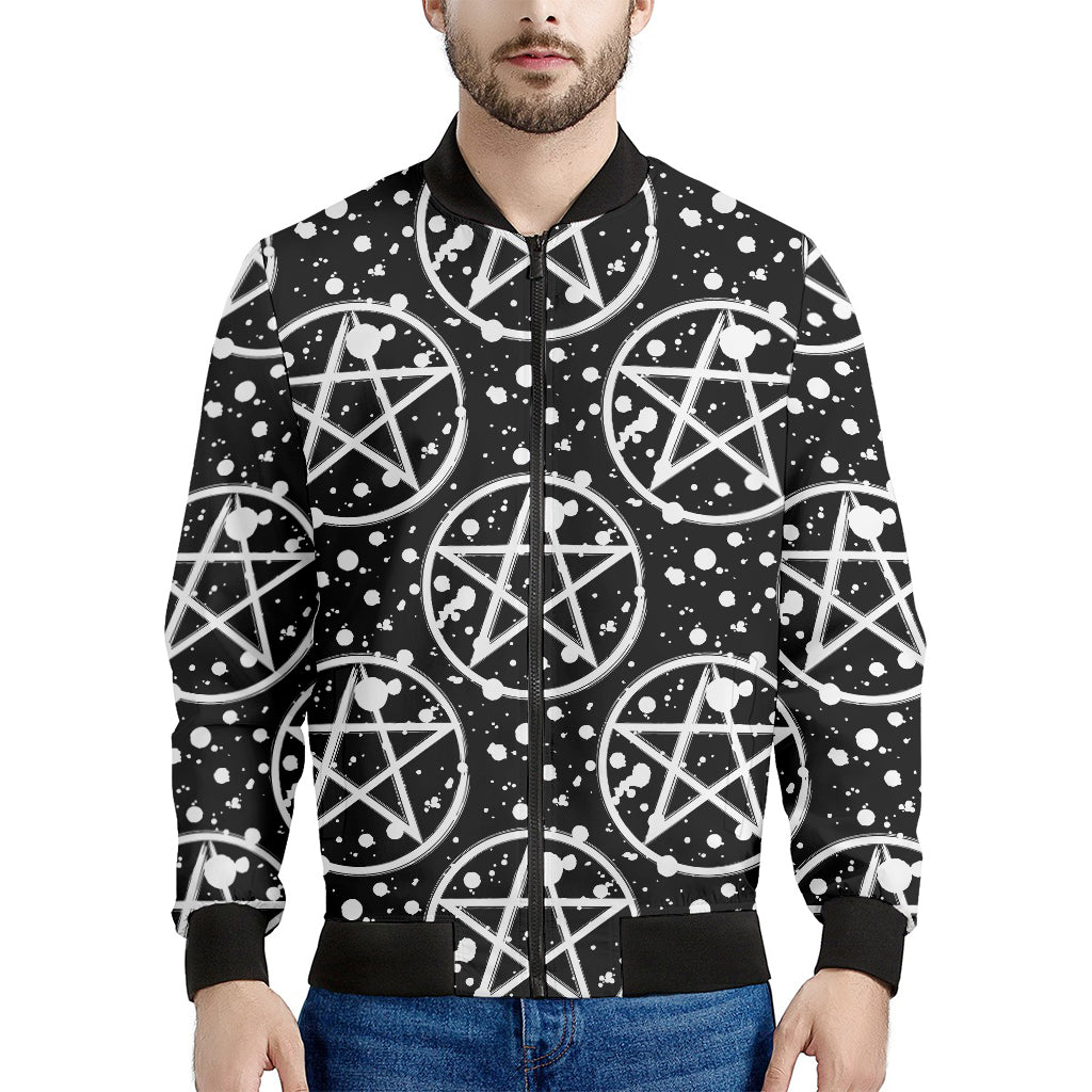 Black And White Wicca Pentagram Print Men's Bomber Jacket