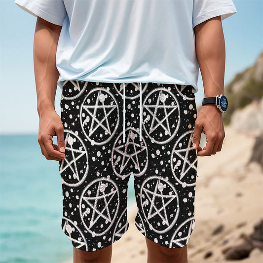 Black And White Wicca Pentagram Print Men's Cargo Shorts