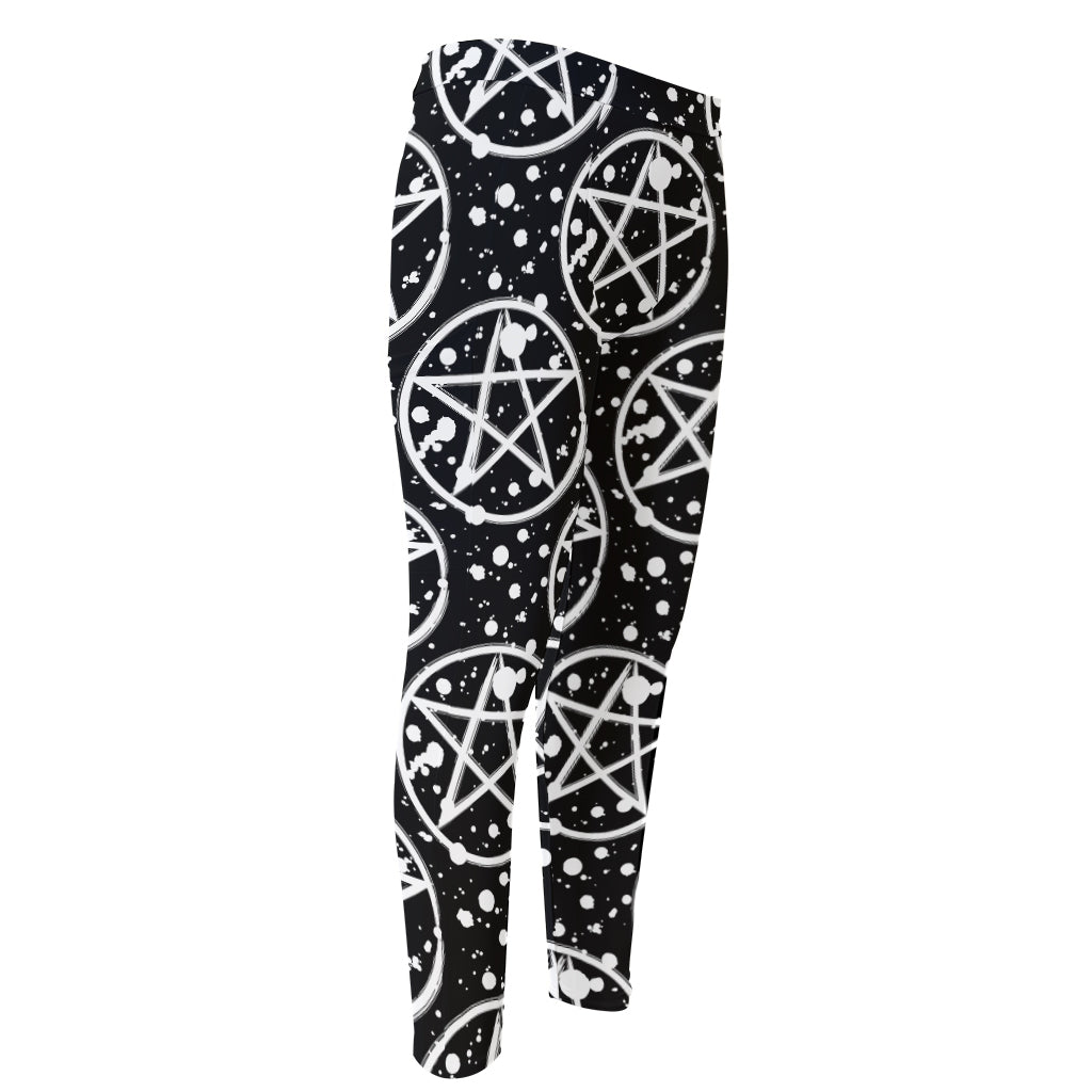 Black And White Wicca Pentagram Print Men's Compression Pants