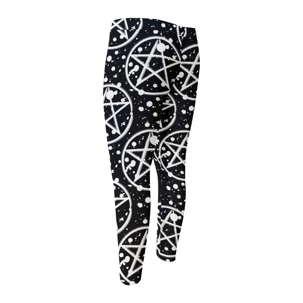 Black And White Wicca Pentagram Print Men's Compression Pants