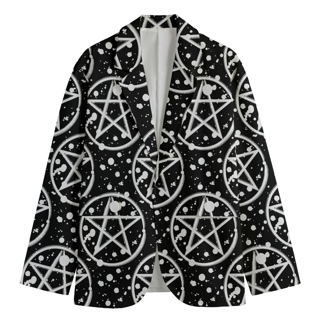Black And White Wicca Pentagram Print Men's Cotton Blazer
