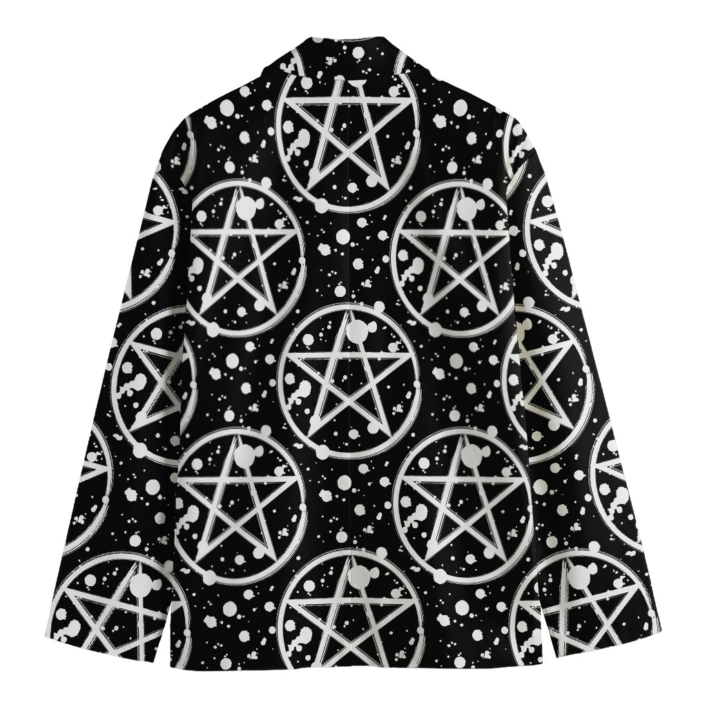 Black And White Wicca Pentagram Print Men's Cotton Blazer