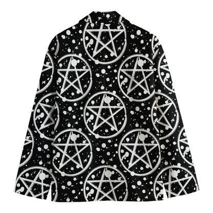 Black And White Wicca Pentagram Print Men's Cotton Blazer