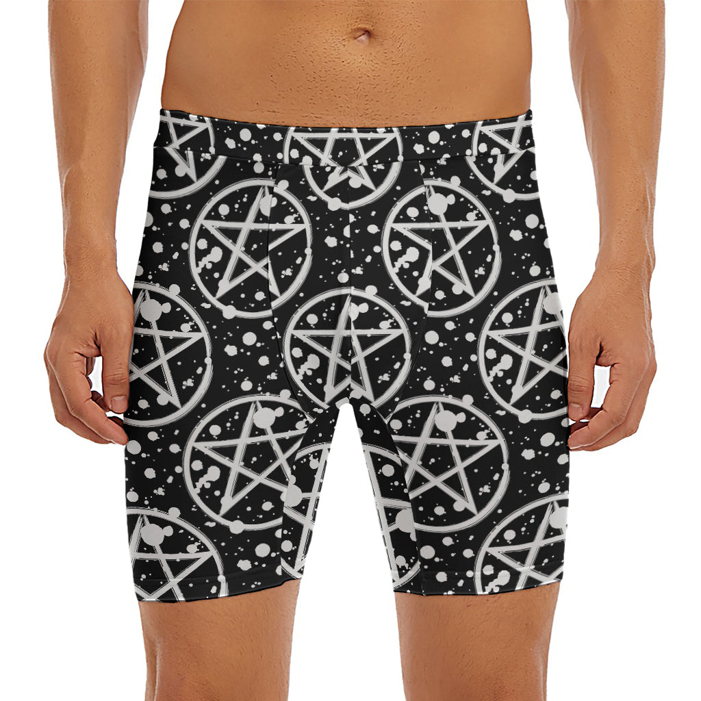 Black And White Wicca Pentagram Print Men's Long Boxer Briefs