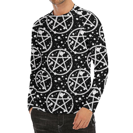 Black And White Wicca Pentagram Print Men's Long Sleeve Rash Guard