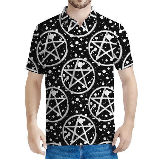Black And White Wicca Pentagram Print Men's Polo Shirt