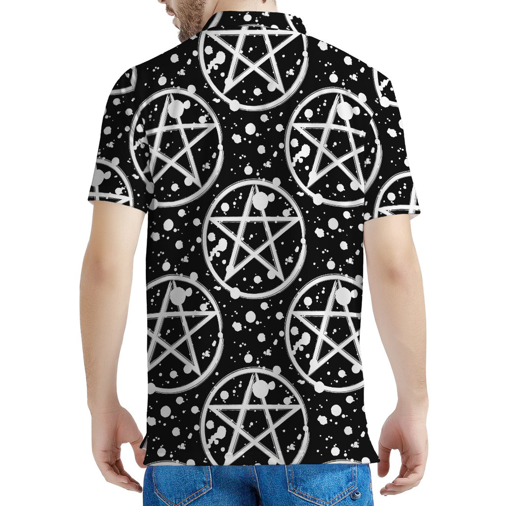 Black And White Wicca Pentagram Print Men's Polo Shirt