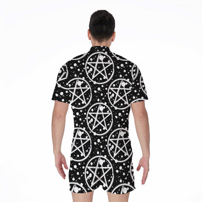 Black And White Wicca Pentagram Print Men's Rompers