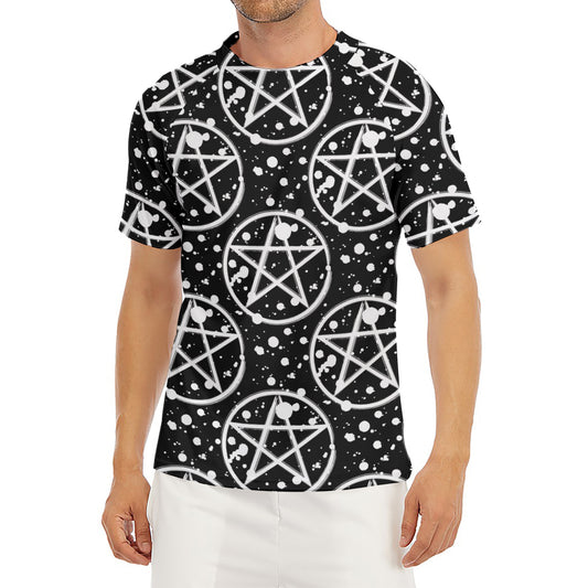 Black And White Wicca Pentagram Print Men's Short Sleeve Rash Guard