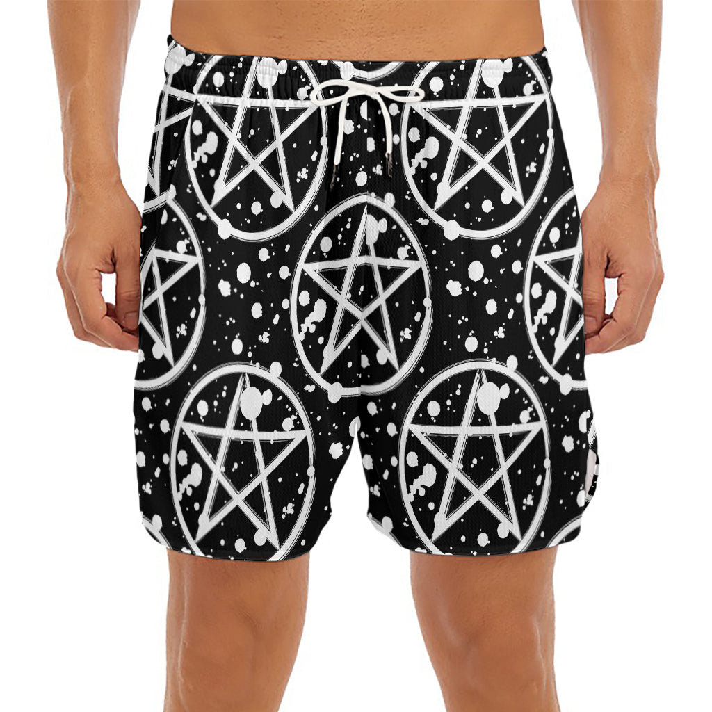 Black And White Wicca Pentagram Print Men's Split Running Shorts