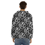 Black And White Wicca Pentagram Print Men's Velvet Pullover Hoodie