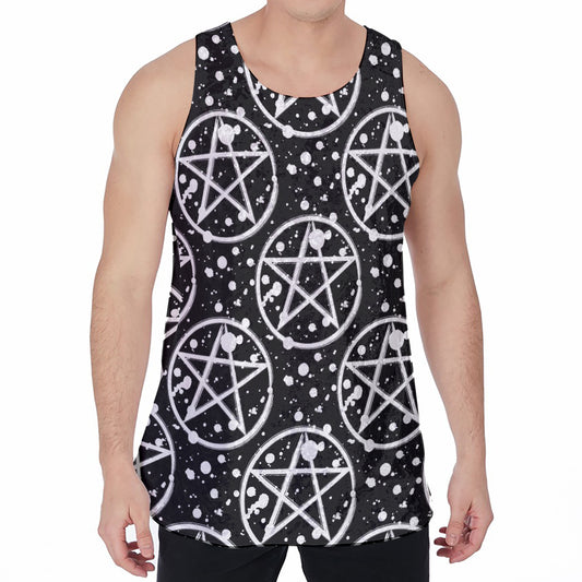 Black And White Wicca Pentagram Print Men's Velvet Tank Top