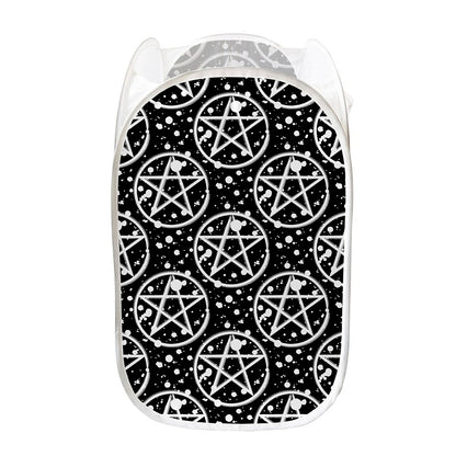 Black And White Wicca Pentagram Print Mesh Laundry Hamper