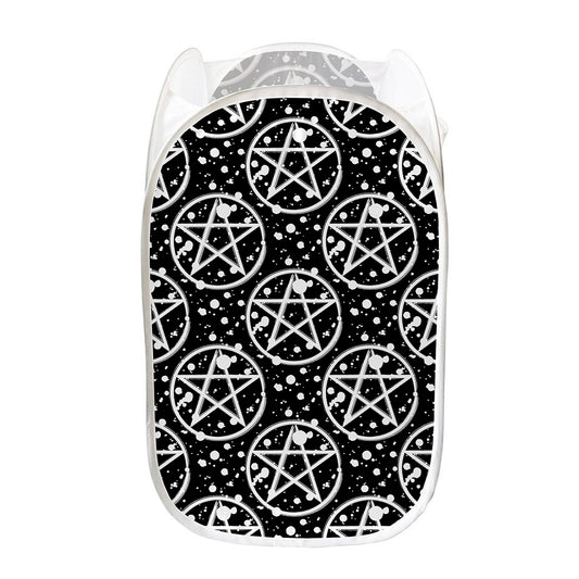 Black And White Wicca Pentagram Print Mesh Laundry Hamper