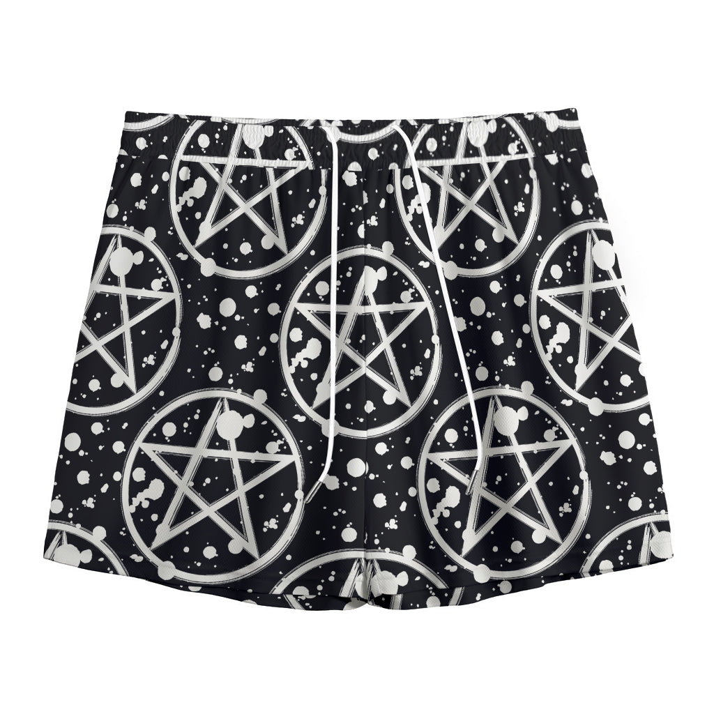 Black And White Wicca Pentagram Print Mesh Shorts
