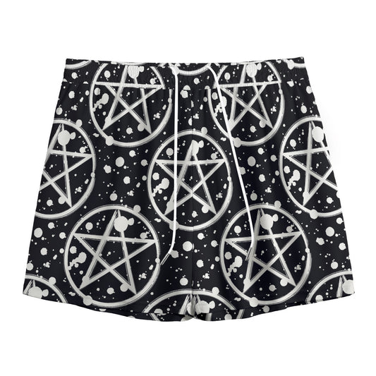 Black And White Wicca Pentagram Print Mesh Shorts