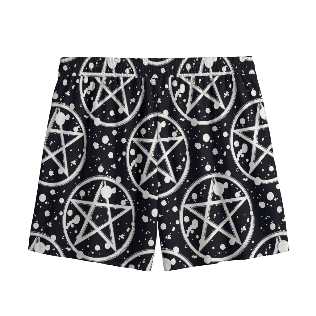 Black And White Wicca Pentagram Print Mesh Shorts