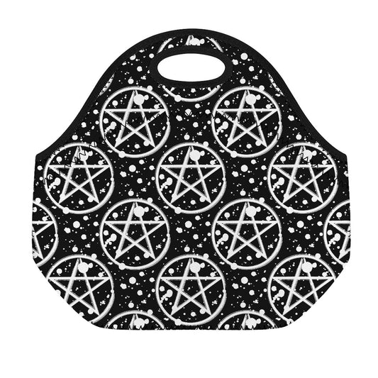 Black And White Wicca Pentagram Print Neoprene Lunch Bag