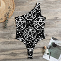 Black And White Wicca Pentagram Print One Shoulder Bodysuit