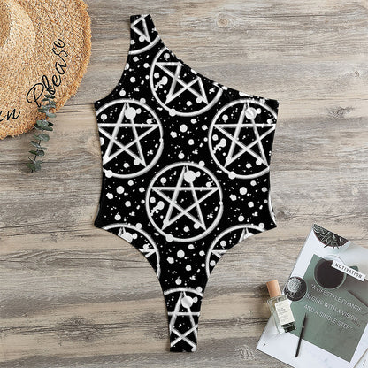 Black And White Wicca Pentagram Print One Shoulder Bodysuit