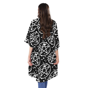 Black And White Wicca Pentagram Print Open Front Beach Cover Up