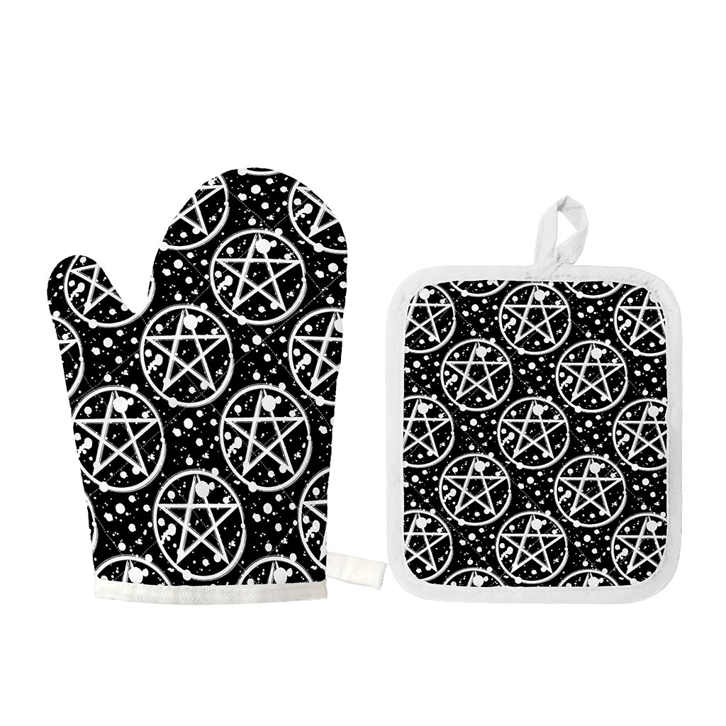 Black And White Wicca Pentagram Print Oven Mitt And Pot Holder Set