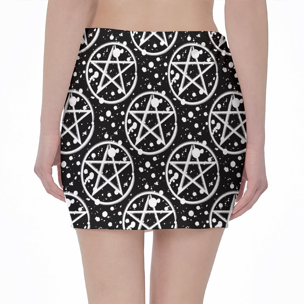 Black And White Wicca Pentagram Print Pencil Mini Skirt