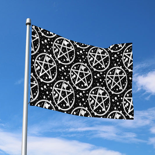 Black And White Wicca Pentagram Print Polyester Flag