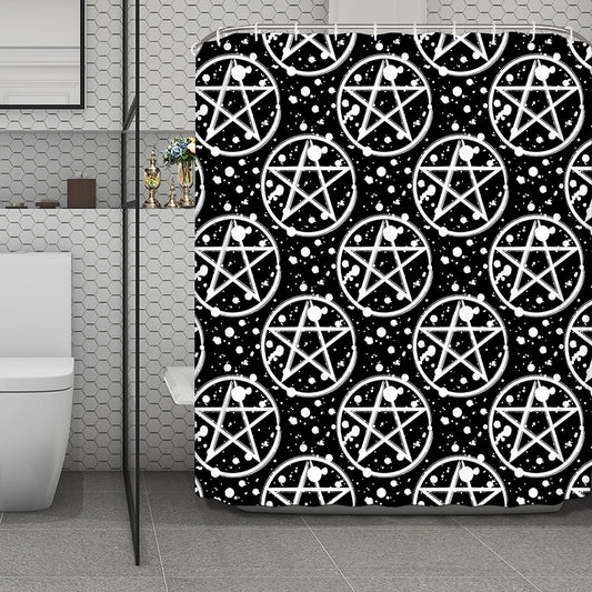 Black And White Wicca Pentagram Print Polyester Shower Curtain