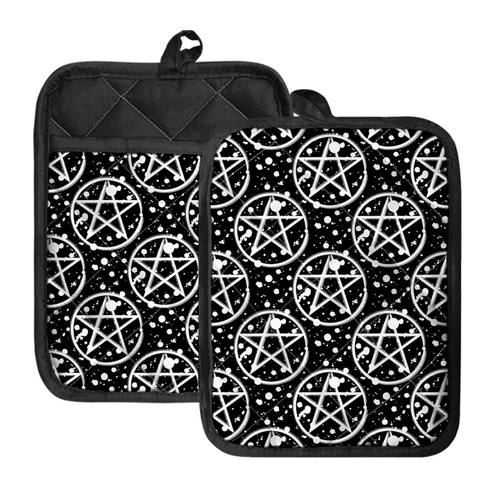 Black And White Wicca Pentagram Print Pot Holders With Pocket