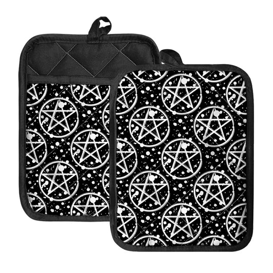 Black And White Wicca Pentagram Print Pot Holders With Pocket