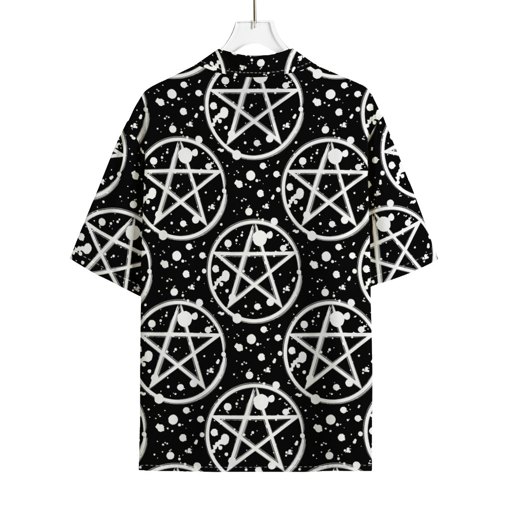 Black And White Wicca Pentagram Print Rayon Hawaiian Shirt