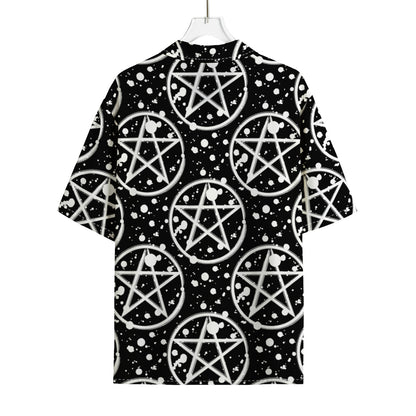 Black And White Wicca Pentagram Print Rayon Hawaiian Shirt